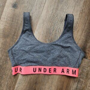 💕💪Under Armour Gray Heather Mid Crossback Sports Bra Pink Logo Band-M
